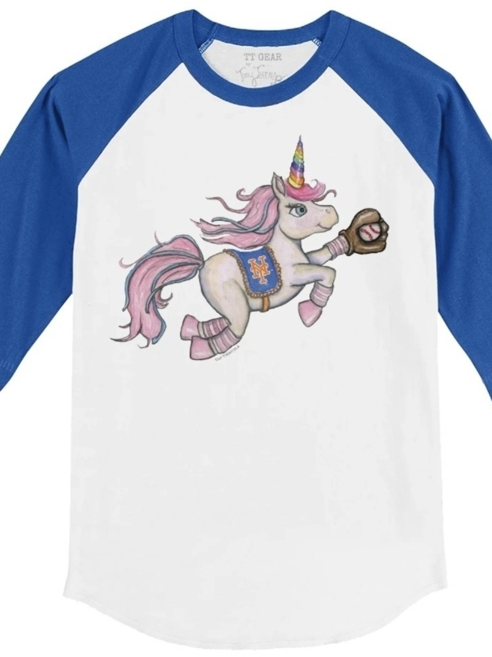 New York Mets Unicorn 3/4 Royal Blue Sleeve Raglan Girls M 8 - 10 Baseball MLB